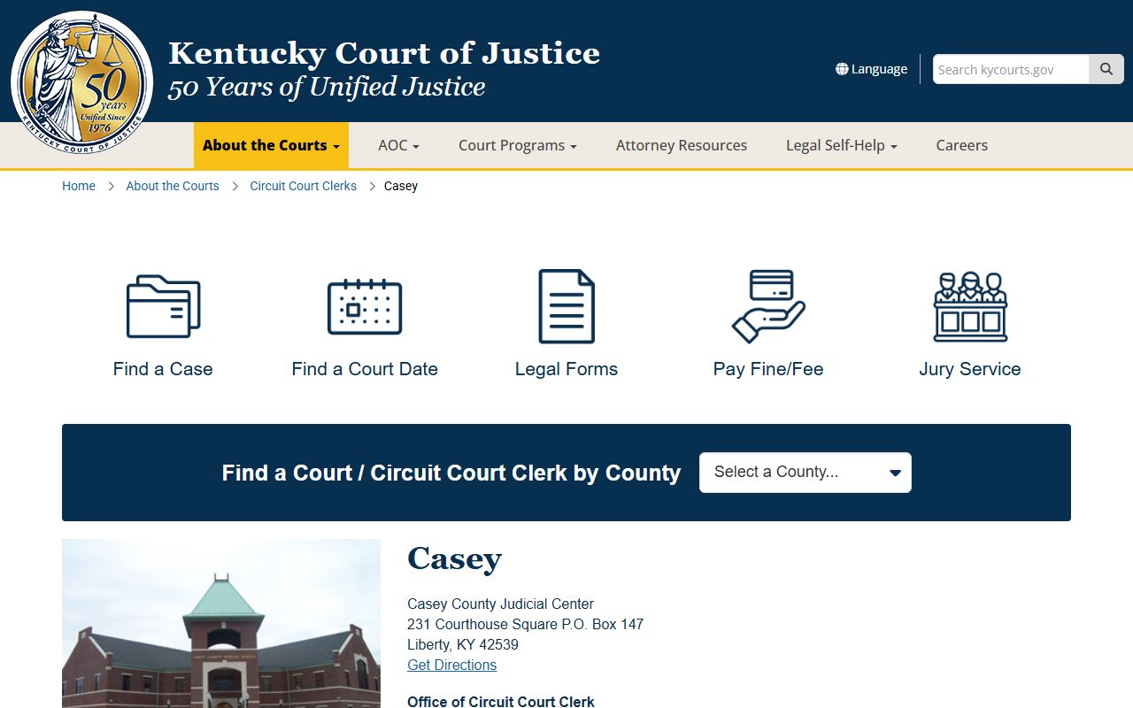 Kentucky Court of Justice Casey County court information page