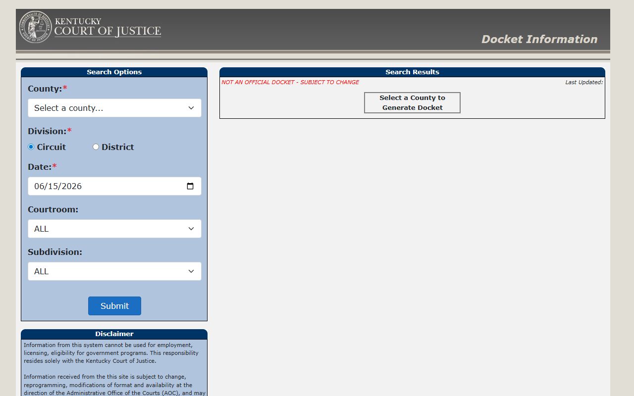 Kentucky Court of Justice public docket search interface