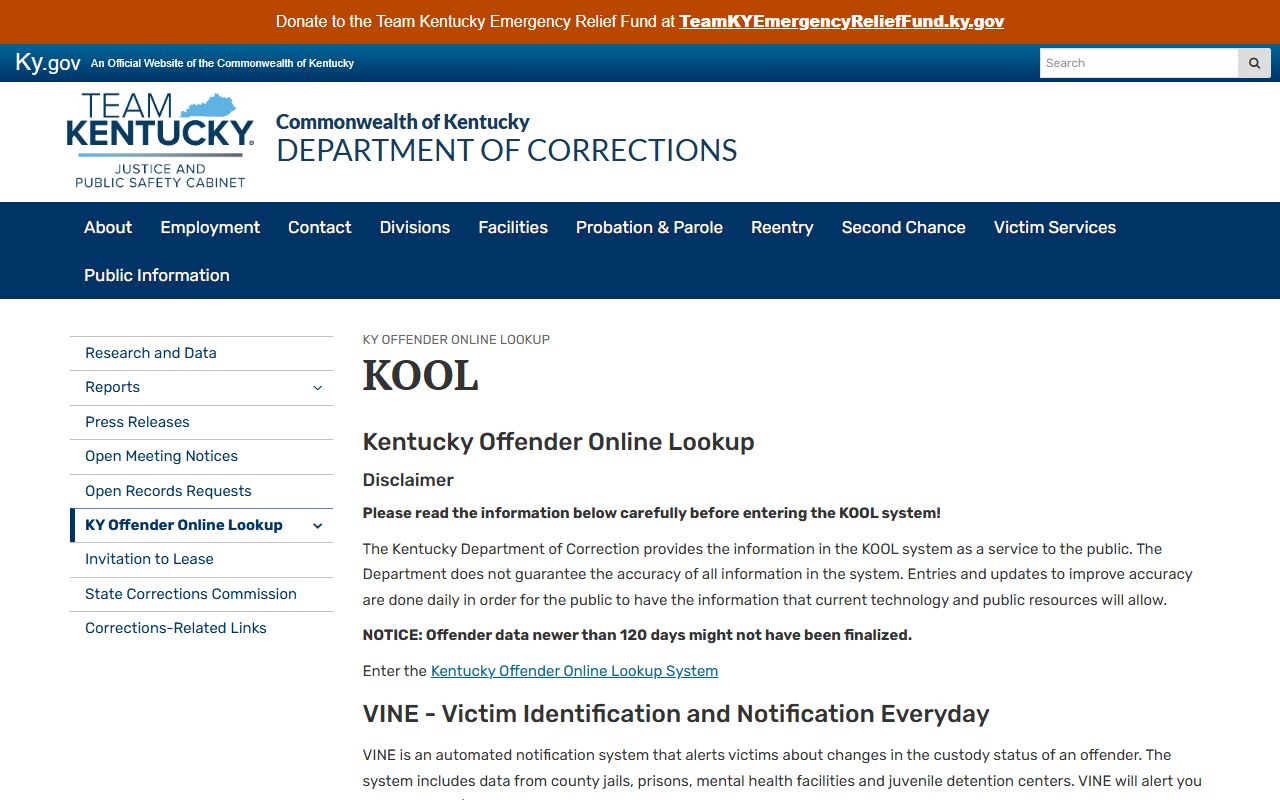KDOC KOOL page for Casey County state inmate lookup
