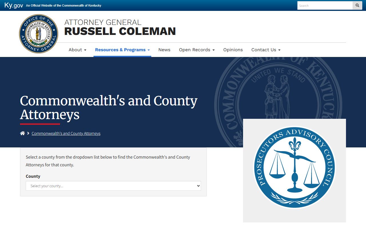 Kentucky Attorney General attorney directory for prosecutors