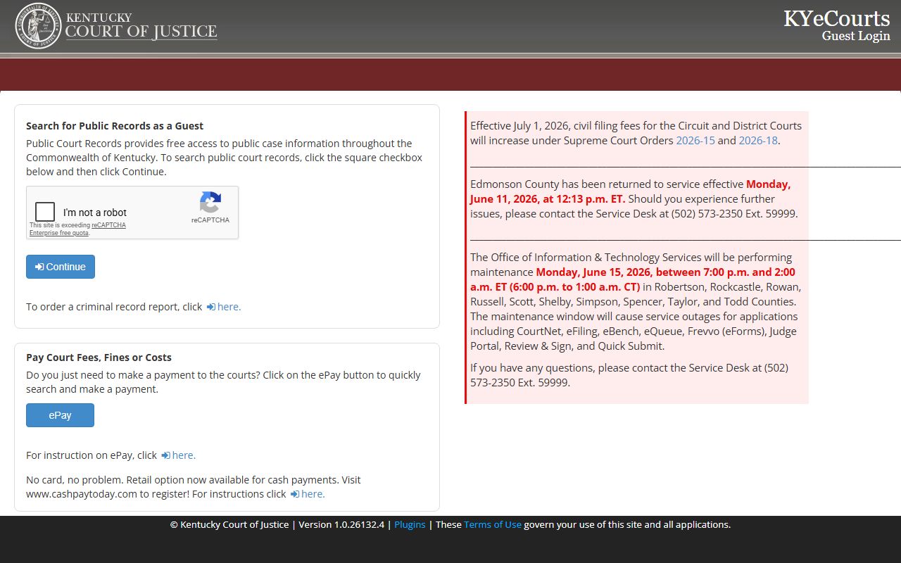 KYeCourts guest public case search login screen
