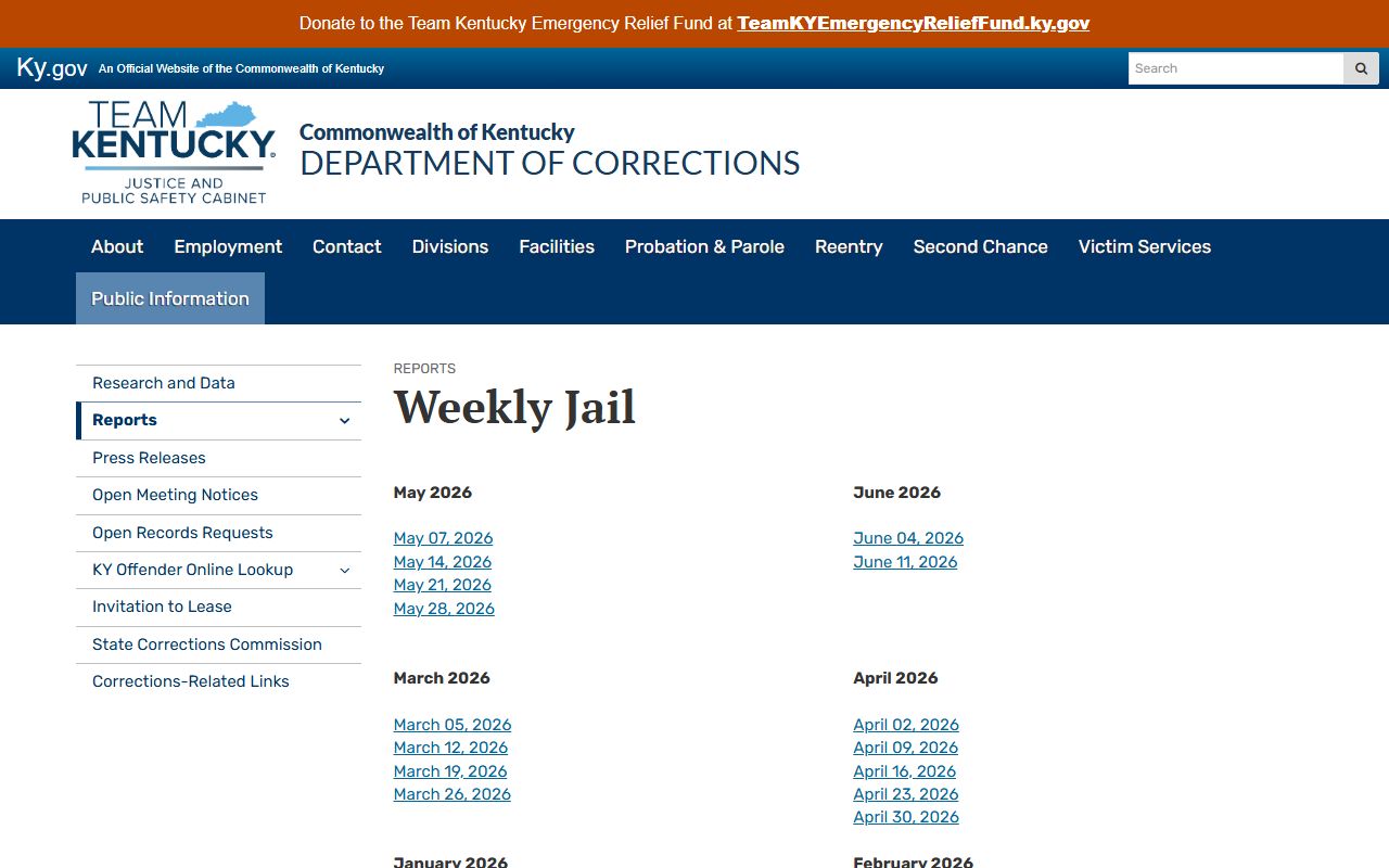 Kentucky Weekly Jail index for Casey County inmate population reports